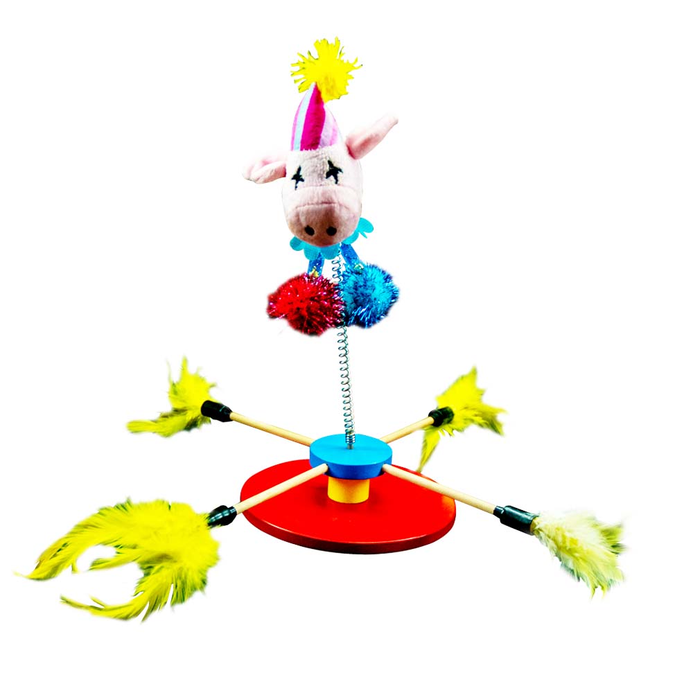 Toy, Cat, Revolving , w/Spring Clown &Feathers, Wood , 