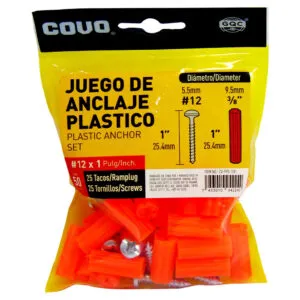 Screw & Plastic Anchor Set, 25pc Screws #12 x 1" + 25pc Anchors ⅜", Covo