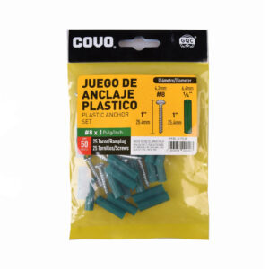 Screw & Plastic Anchor Set, 25pc Screws #8 x 1" + 25pc Anchors ¼", Covo
