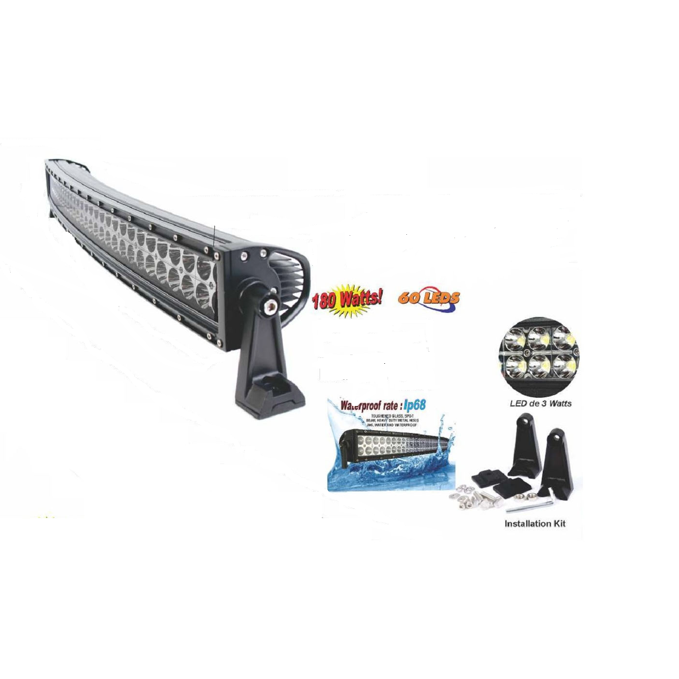 Light Bar, Black, 60 LED, 180w, Curved
