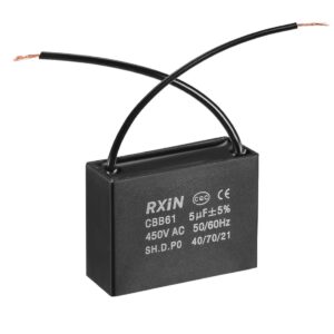 Capacitor, Fan, 5µF ± 5%, 450V AC, 50/60Hz, w/2 wires,(CBB61) black