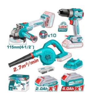 Tool Kit, Combo, 3-in-1, Drill + Angle Grinder + Blower + 2pc batteries + Charger, Total