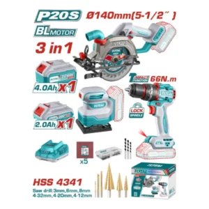 Tool Kit, Combo, 3-in-1, Impact Drill + Circular Saw + Sander + 2pc batteries + Charger, Total