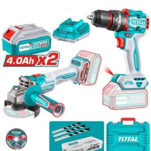 Tool Kit, Combo, 2-in-1, Impact Drill 66Nm, Angle Grinder, 2A, 4A Batteries + Charger, Total
