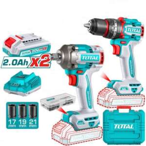 Tool Kit, Combo, 2-in-1, Impact Drill 66Nm, Impact Wrench 400Nm, 2pc 2A Batteries + Charger, Total