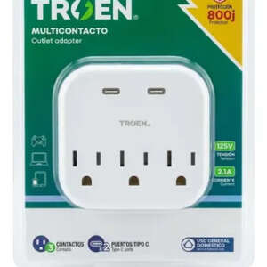 Wall Adapter, Electrical, 3 Outlet, 2 USB Type-C, w/ 800j Surge Protection, Troen
